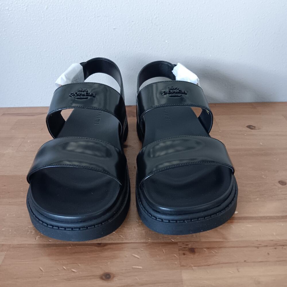 Coach Lockup Two Band Sandal CAP52 Size 7.5 B - Black Leather - Gold Buckle NWB - Picture 3 of 11